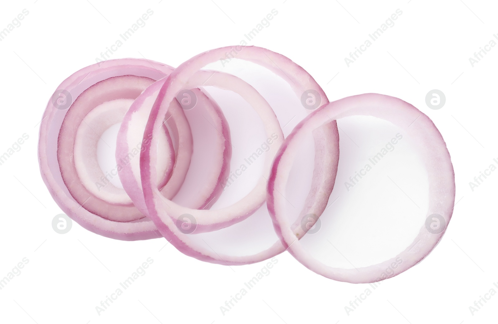 Photo of Raw red onion rings isolated on white, top view