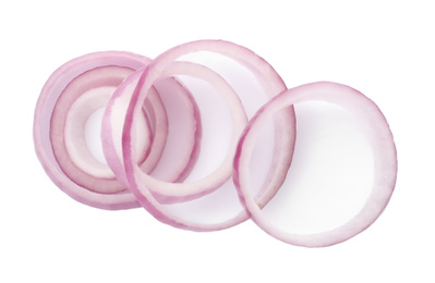 Photo of Raw red onion rings isolated on white, top view
