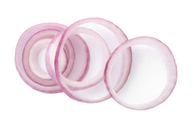 Raw red onion rings isolated on white, top view