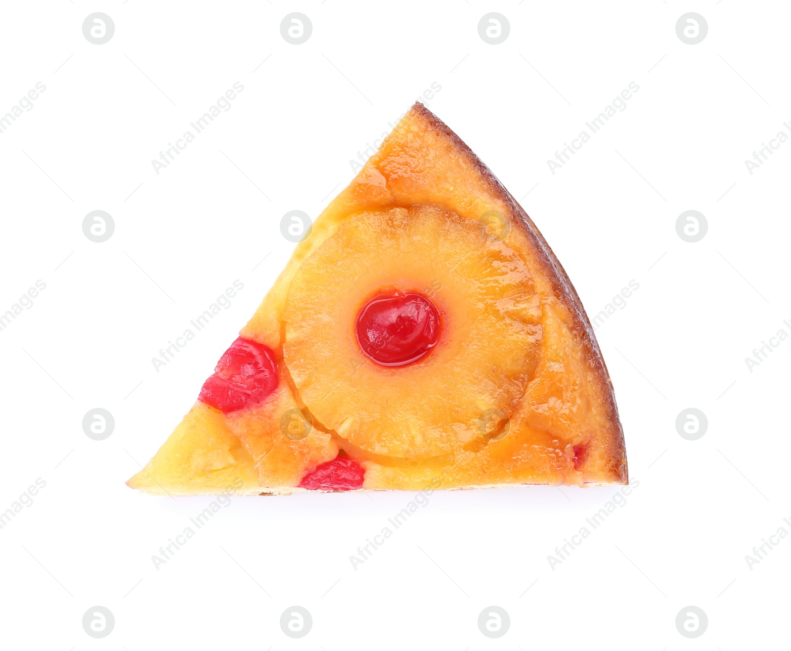 Photo of Piece of delicious pineapple pie with cherry isolated on white, top view