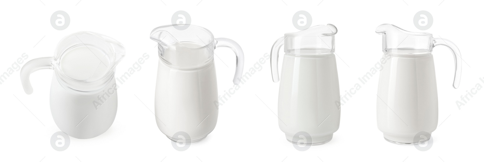 Image of Collage with glass pitcher of milk isolated on white, different angles