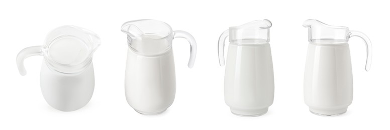 Collage with glass pitcher of milk isolated on white, different angles