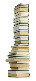 Photo of High stack of many different books isolated on white