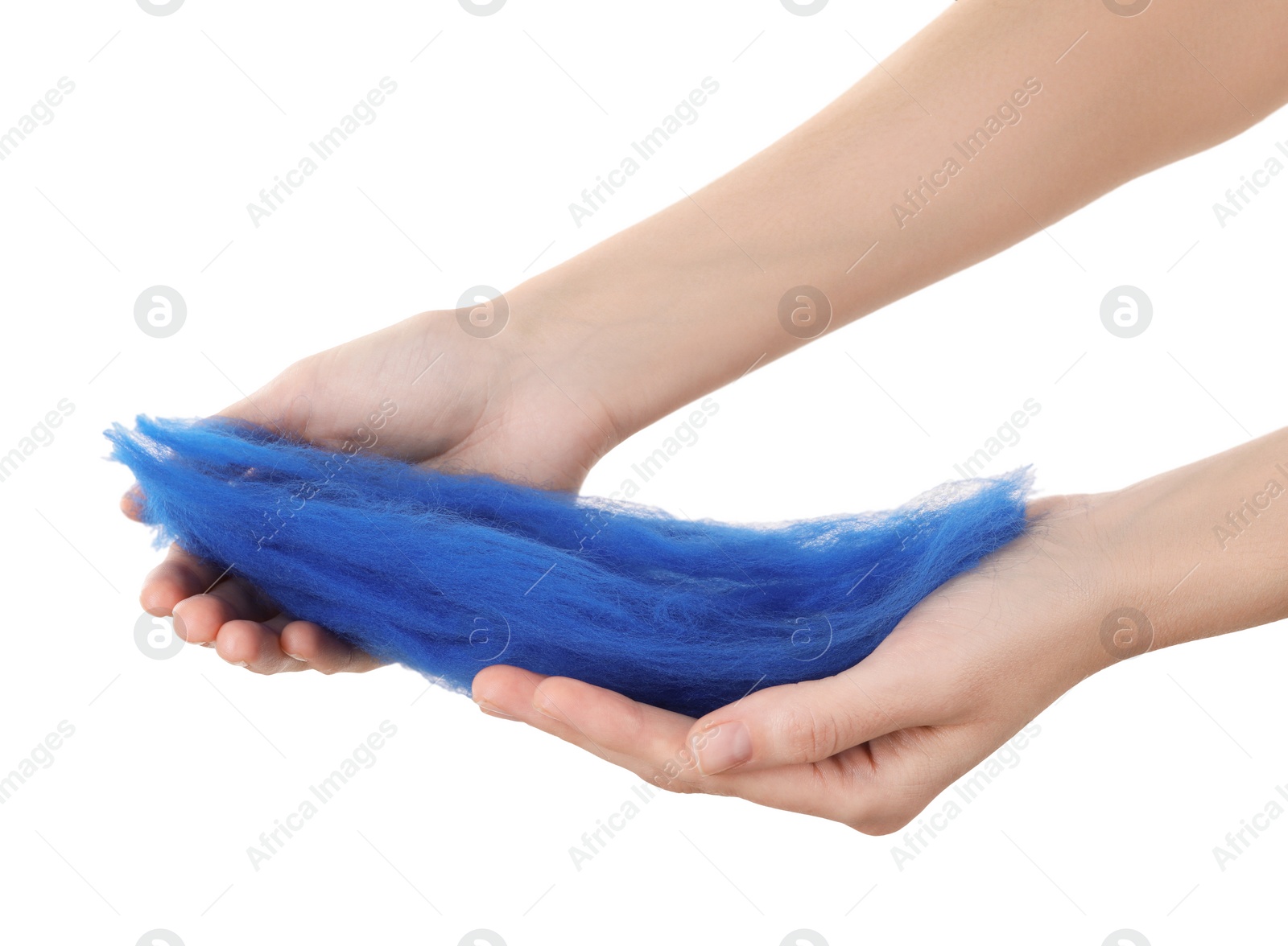 Photo of Woman holding blue felting wool on white background, closeup