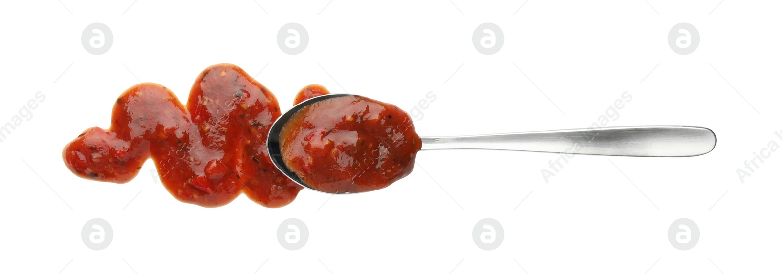 Photo of Tomato sauce and spoon isolated on white, top view