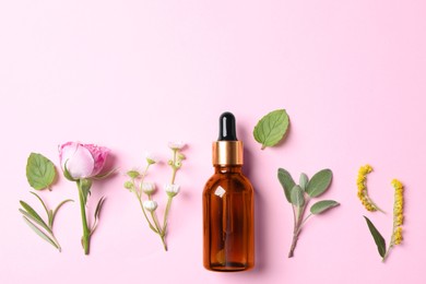 Photo of Bottle of essential oil, different herbs and flowers on pink background, flat lay. Space for text