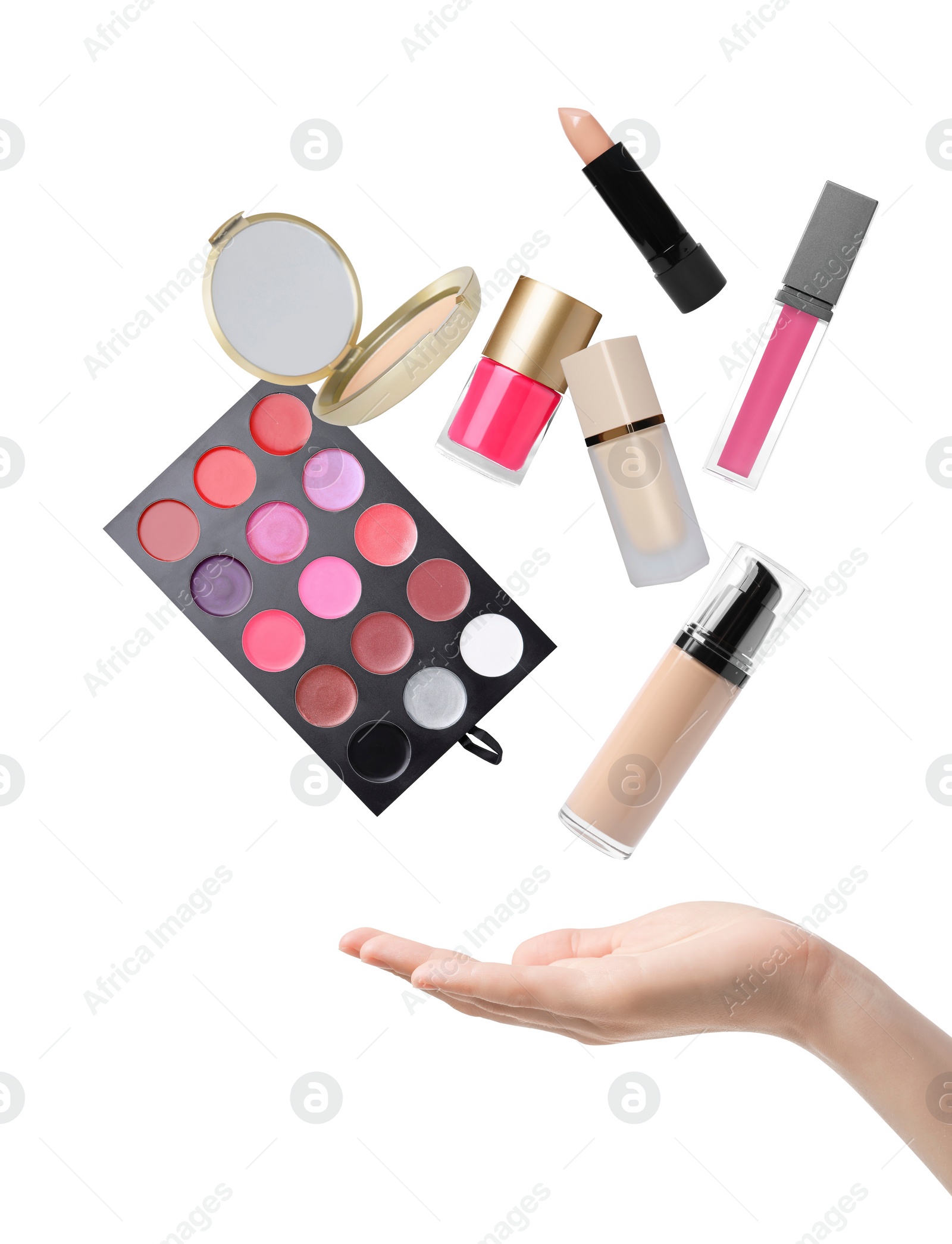 Image of Woman making decorative cosmetics levitate on white background, closeup. Makeup products