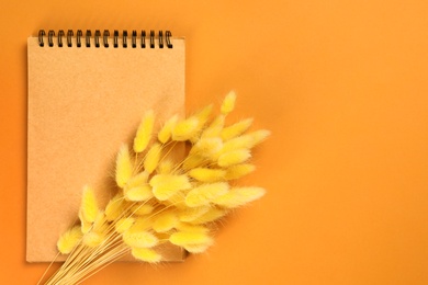Photo of Notepad with decorative plants on colorful background, top view. Space for text
