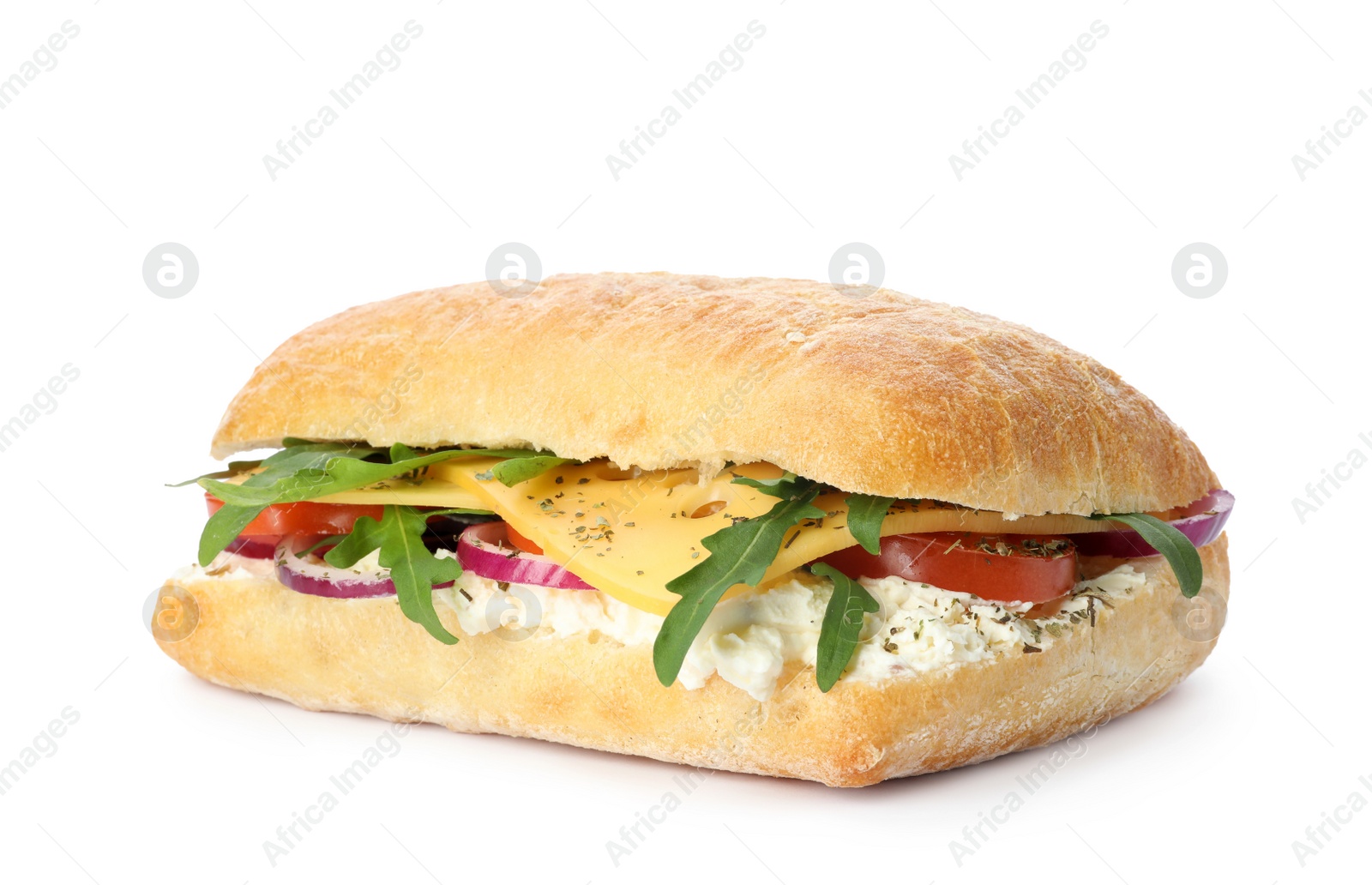 Photo of Delicious sandwich with fresh vegetables and cheese isolated on white