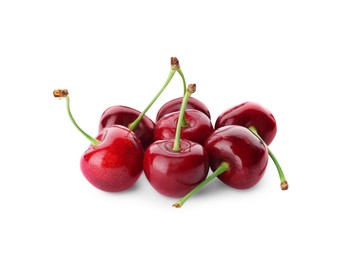 Photo of Many ripe sweet cherries isolated on white