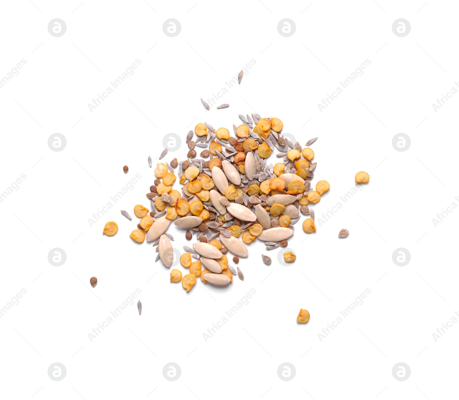 Photo of Pile of different vegetable seeds on white background, top view