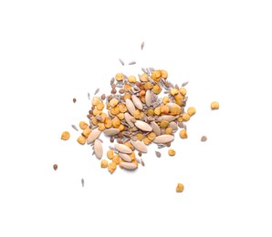 Photo of Pile of different vegetable seeds on white background, top view