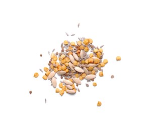 Pile of different vegetable seeds on white background, top view