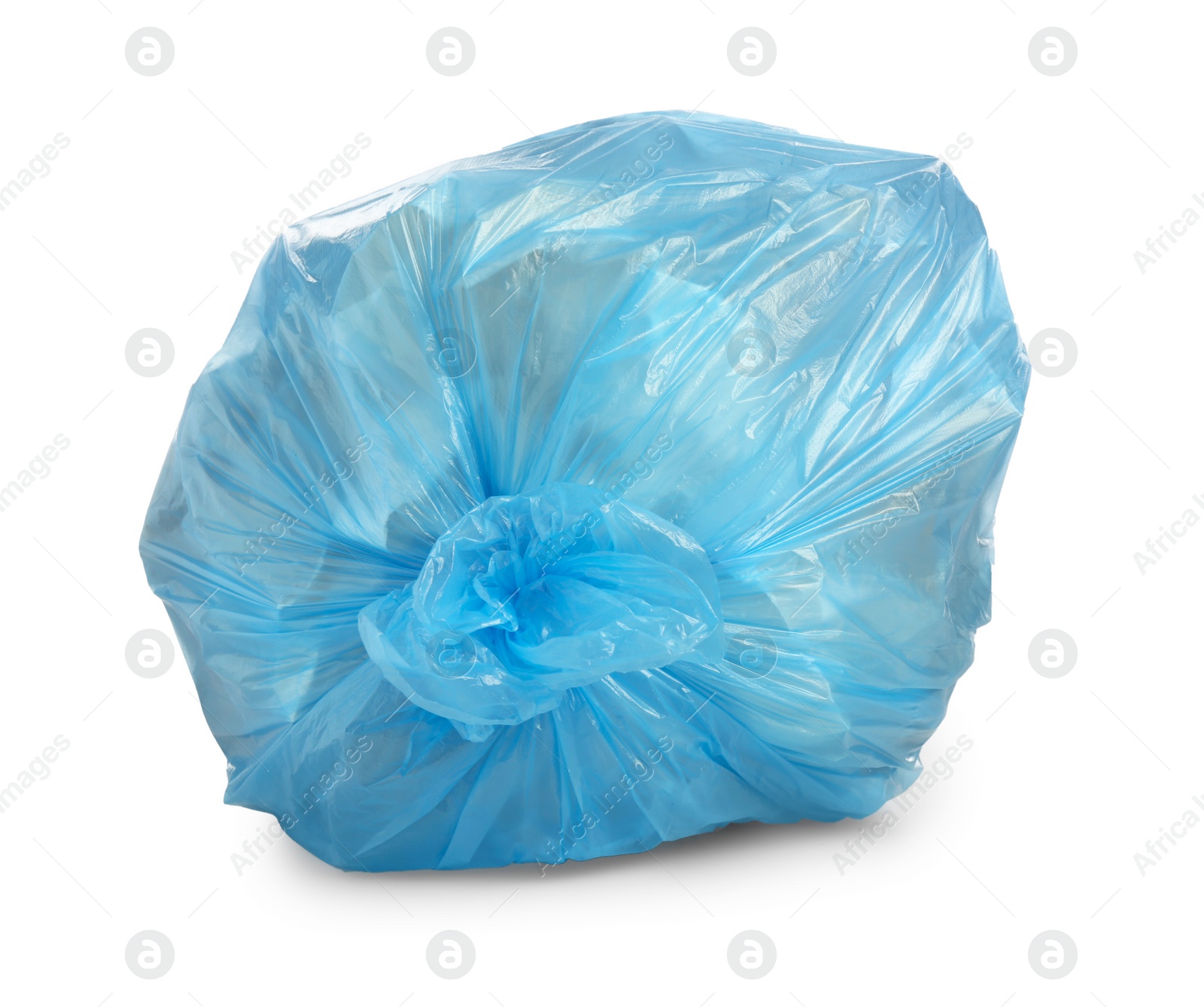 Photo of Blue trash bag filled with garbage isolated on white