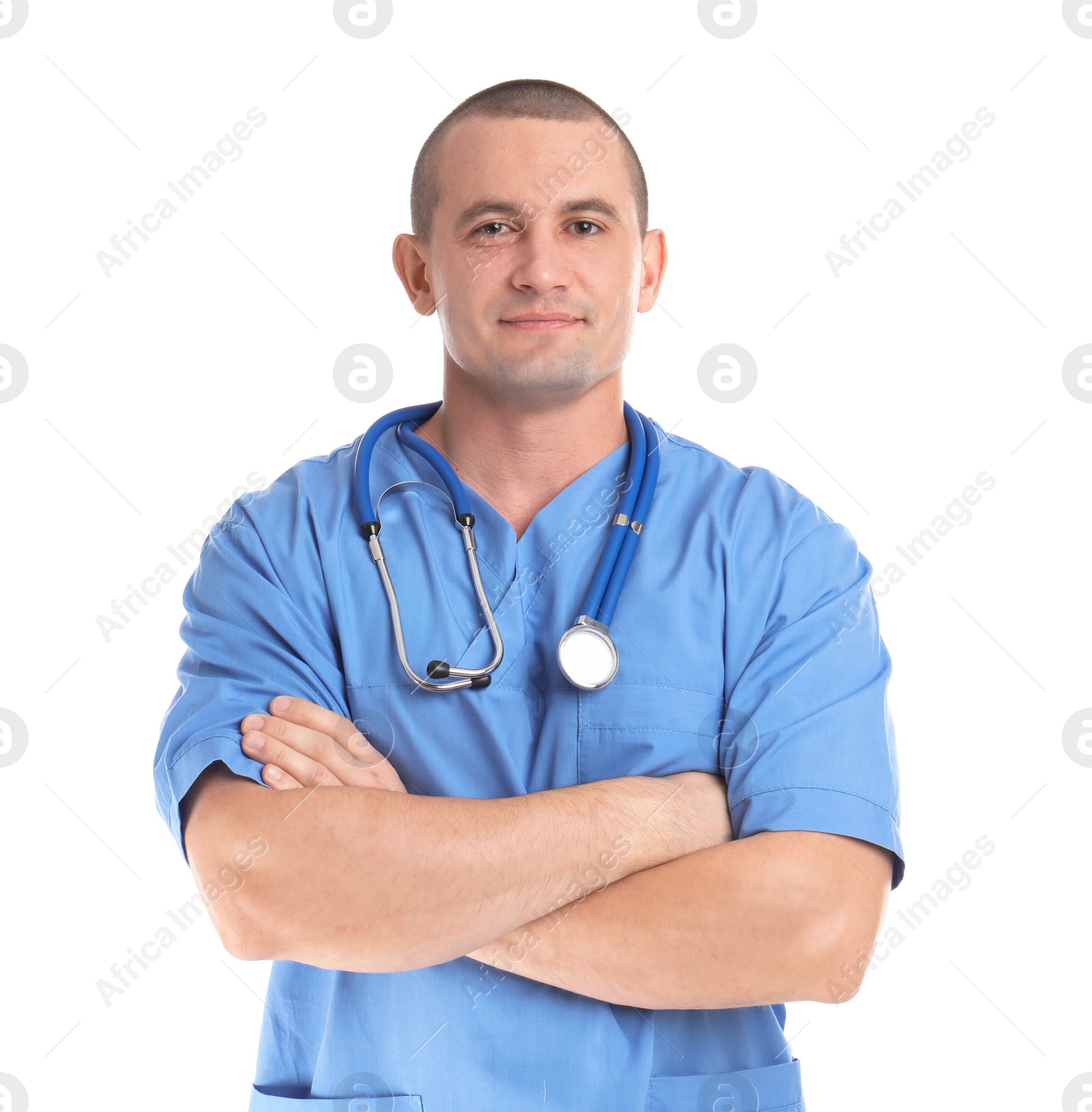 Photo of Portrait of medical assistant with stethoscope on white background