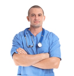 Photo of Portrait of medical assistant with stethoscope on white background