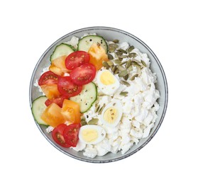 Photo of Fresh cottage cheese with vegetables and eggs in bowl isolated on white, top view
