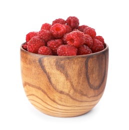 Photo of Bowl with ripe raspberries on white background