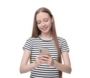 Photo of Woman sending message via smartphone isolated on white