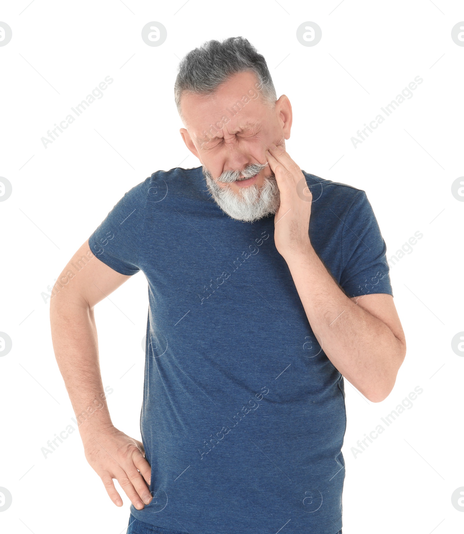 Photo of Man suffering from toothache on white background