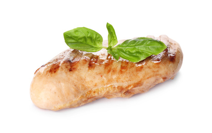 Photo of Tasty grilled chicken fillet and green basil isolated on white