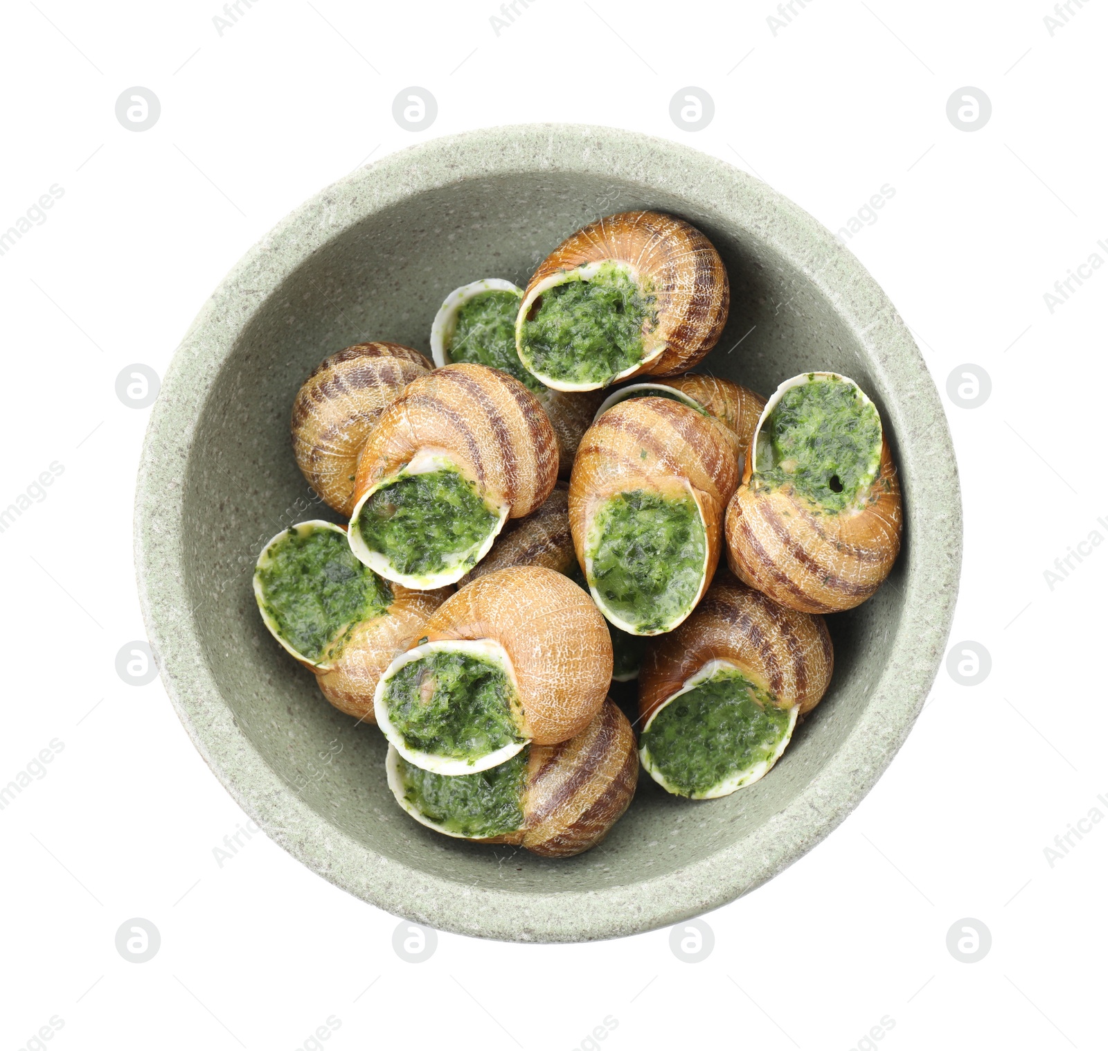 Photo of Delicious cooked snails in bowl isolated on white, top view