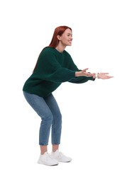 Portrait of happy woman posing on white background