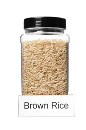 Photo of Brown rice in jar with label, isolated on white. Mock up for design