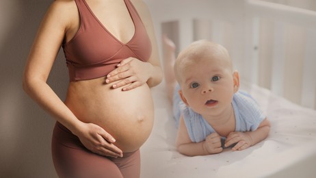 Image of Double exposure of pregnant woman and cute baby