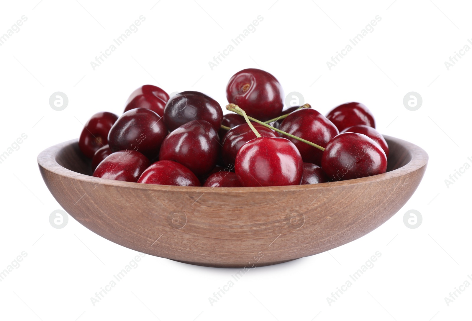 Photo of Tasty ripe red cherries in wooden bowl isolated on white