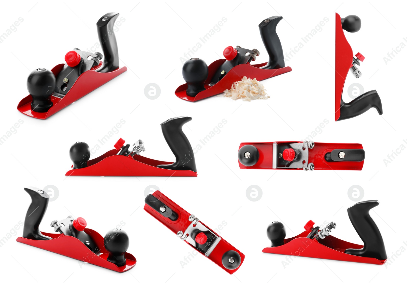 Image of Collage with modern jack planes on white background. Carpenter's tools