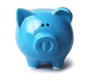 Blue piggy bank on gray background. Money saving