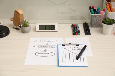 Photo of Business process planning and optimization. Workplace with plan, notebook and stationery on white wooden table