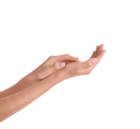 Woman with beautiful hands on white background, closeup. Spa treatment