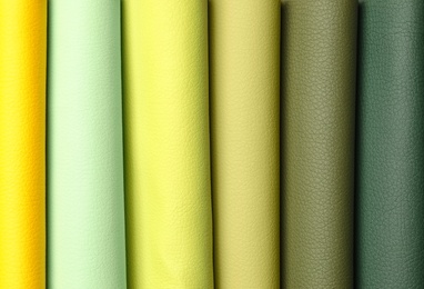 Leather samples of different colors for interior design as background