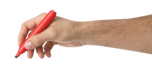 Photo of Man holding red marker on white background, closeup