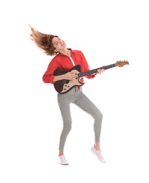 Young woman playing electric guitar on white background