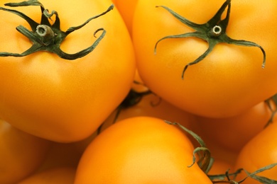 Photo of Delicious ripe yellow tomatoes as background, closeup