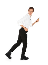 Photo of Female security guard in uniform with portable radio transmitter on white background
