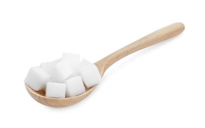 Photo of Sugar cubes in wooden spoon isolated on white