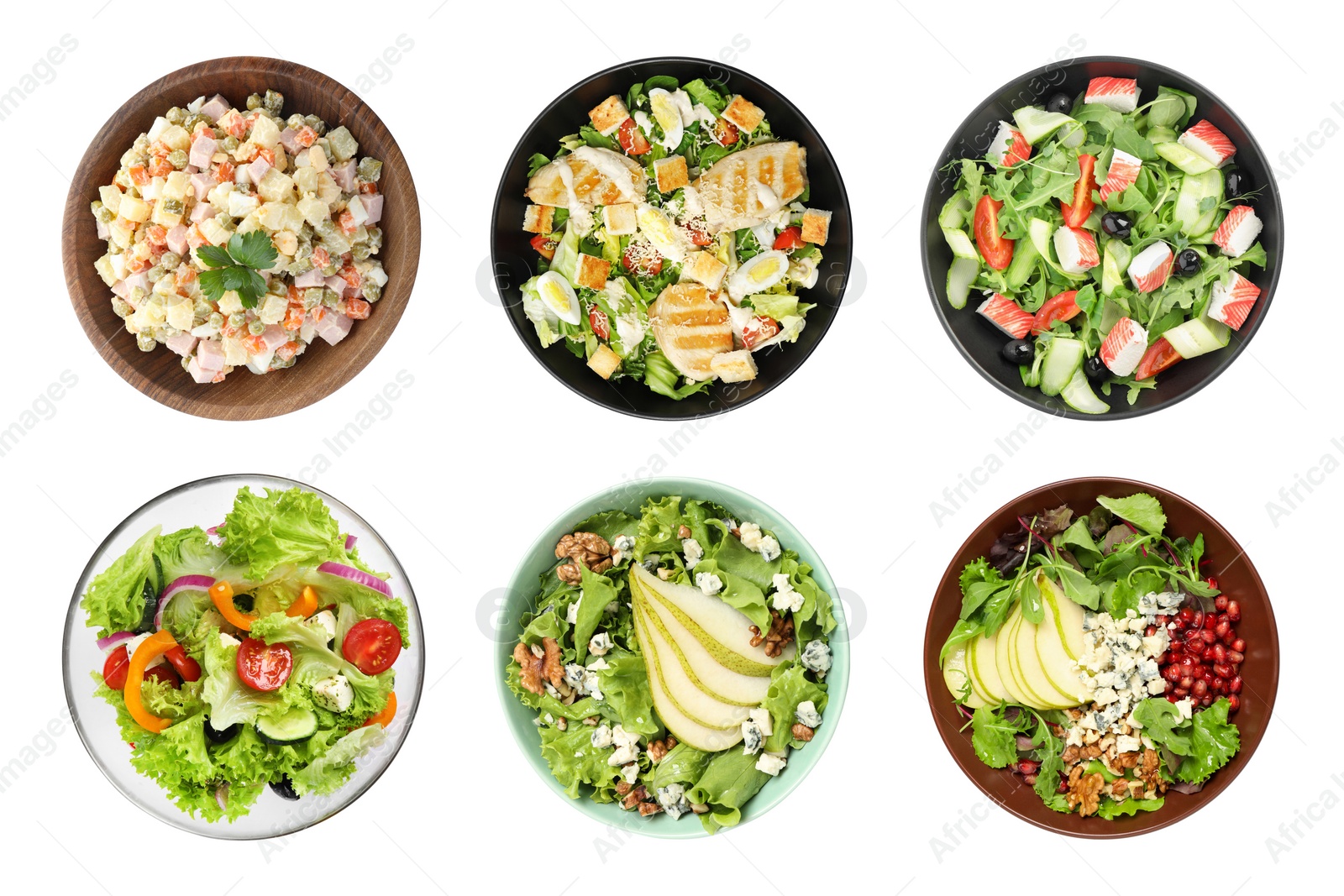 Image of Set with different tasty salads on white background, top view