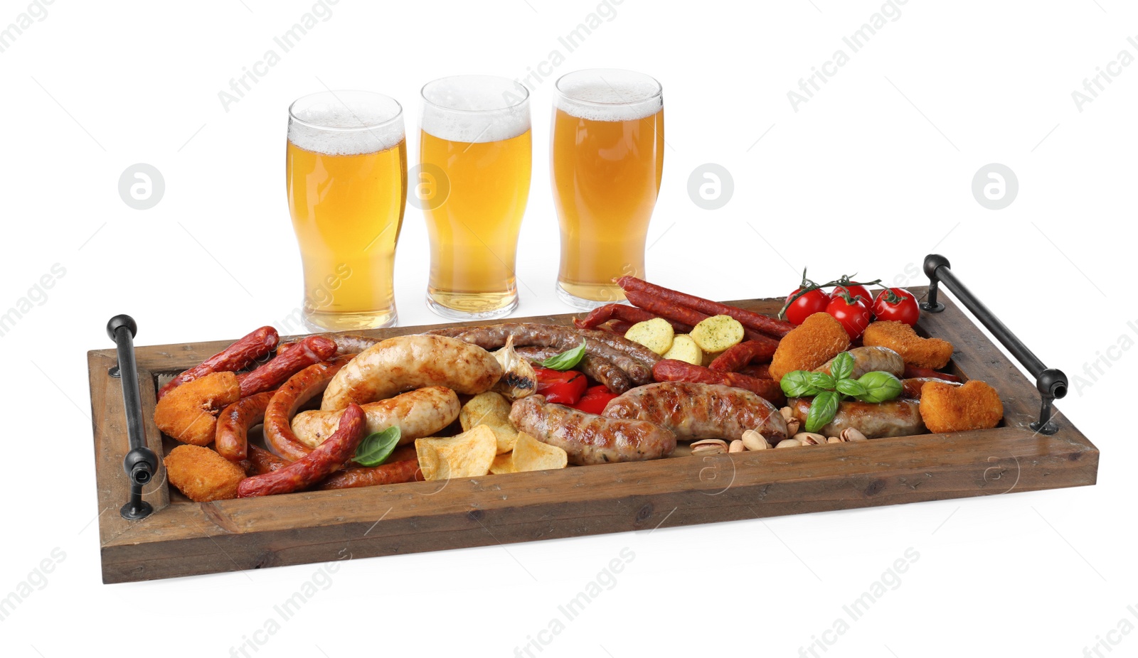 Photo of Set of different tasty snacks and beer on white background
