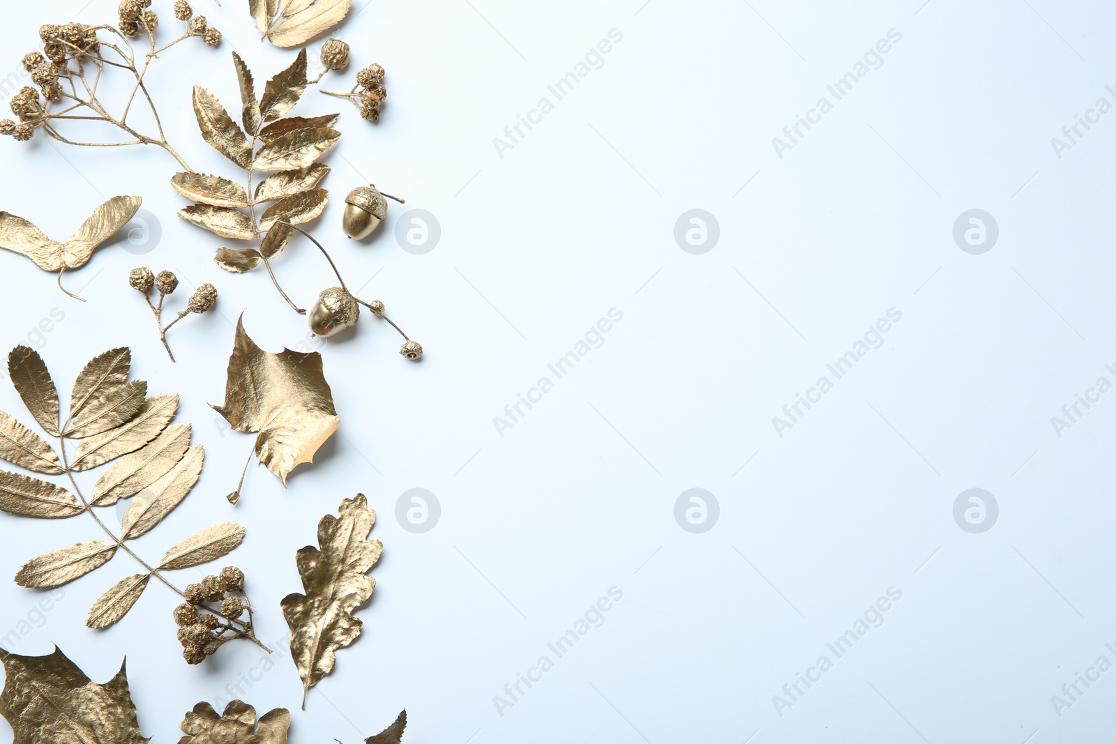 Photo of Beautiful golden leaves, berries and acorns on white background, flat lay with space for text. Autumn decor
