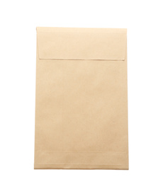 Photo of Kraft paper envelope isolated on white. Mail service