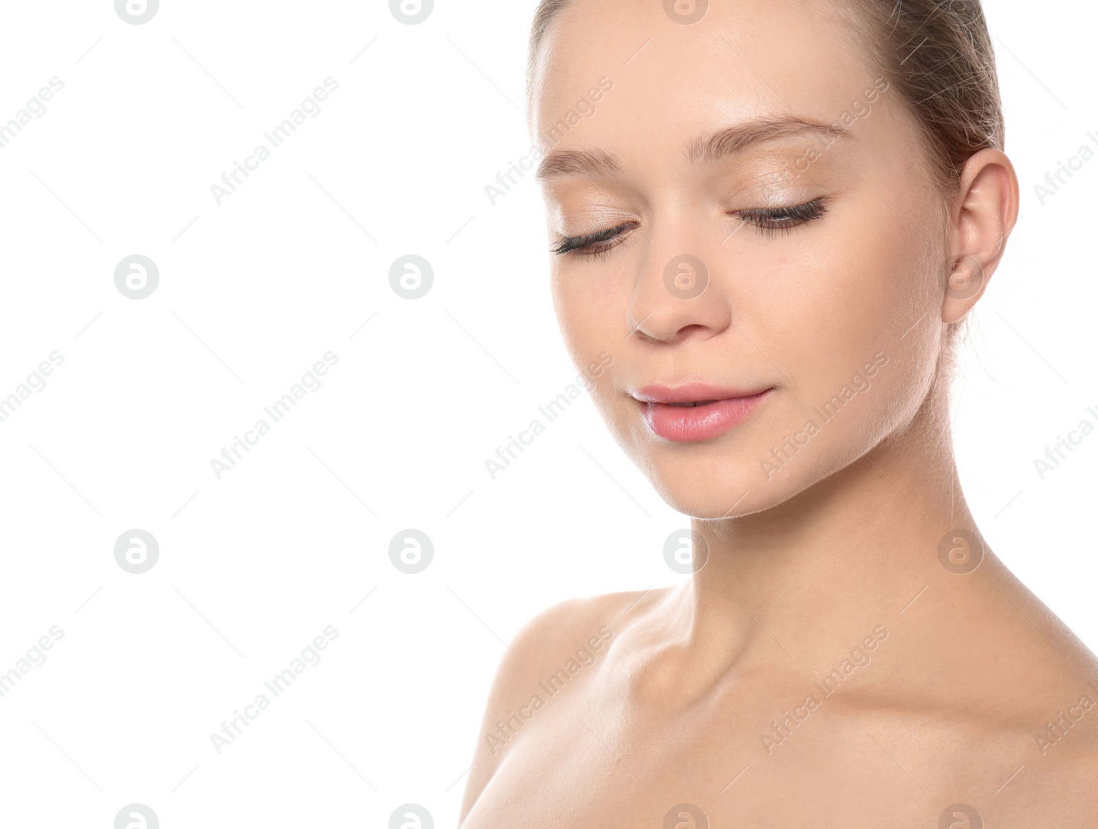 Photo of Portrait of beautiful young woman on white background. Lips contouring, skin care and cosmetic surgery concept