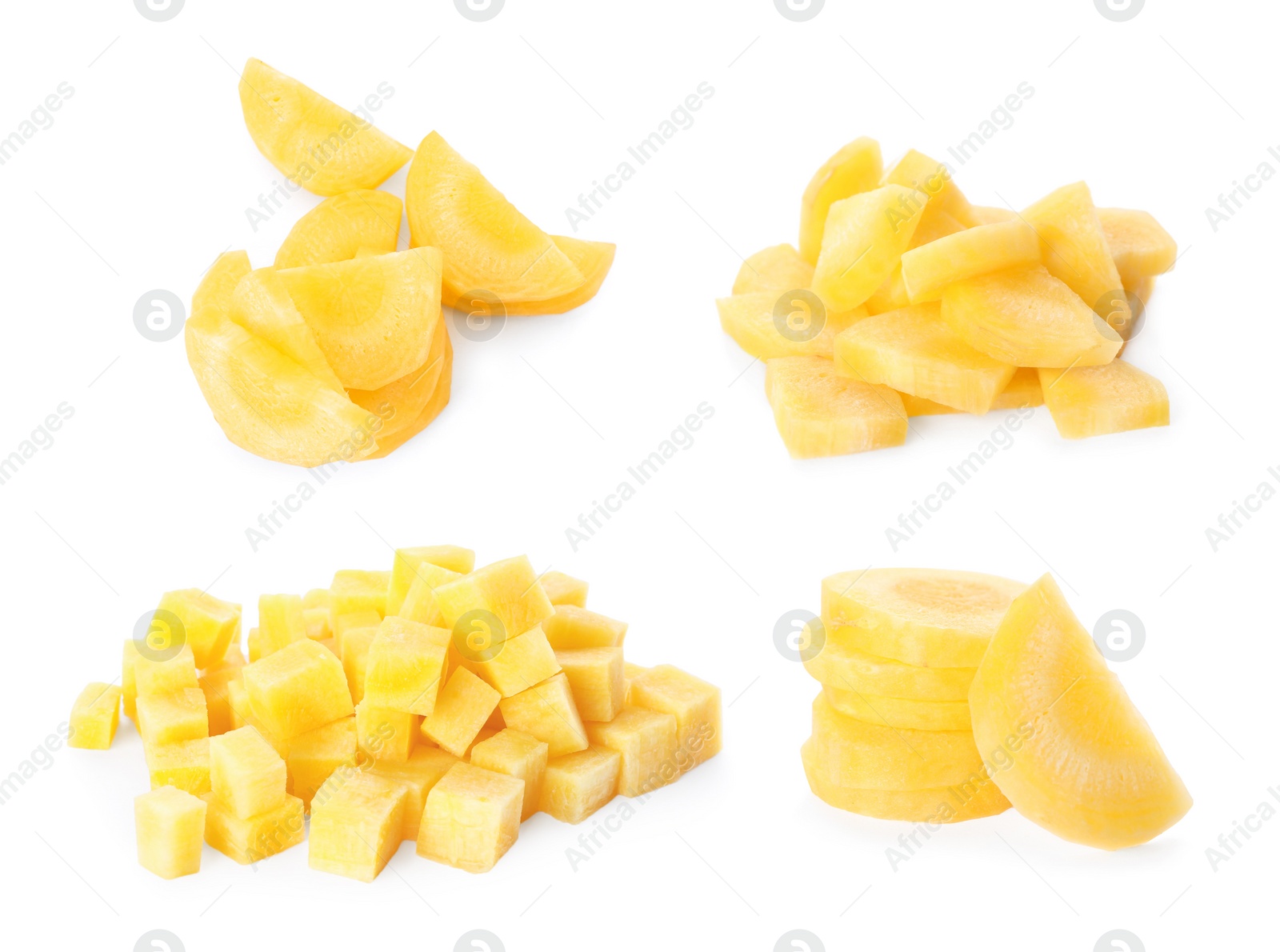 Image of Set of yellow carrot pieces on white background