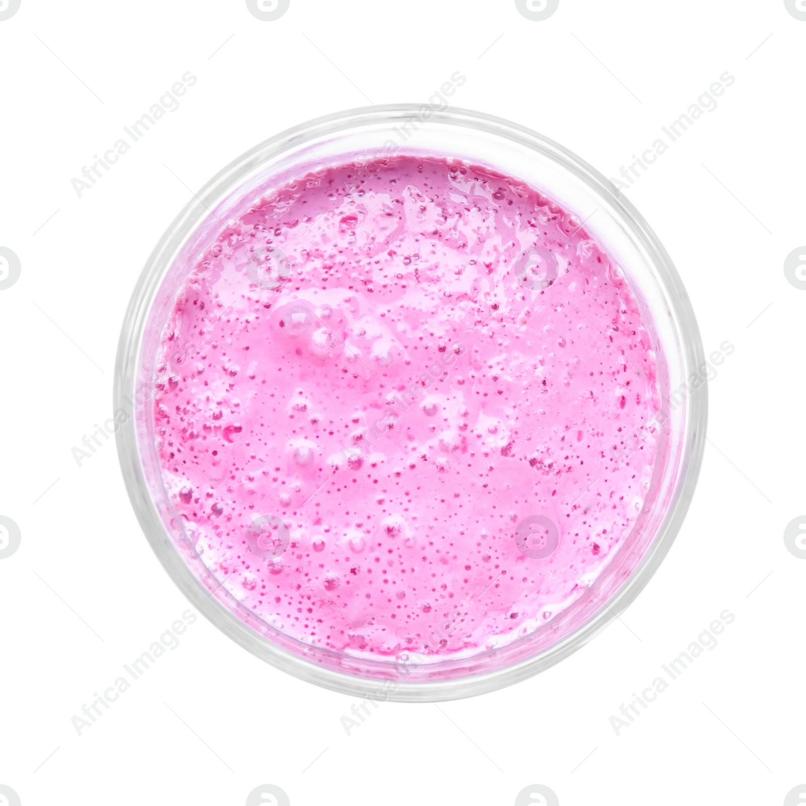 Photo of Glass of blackberry smoothie isolated on white, top view