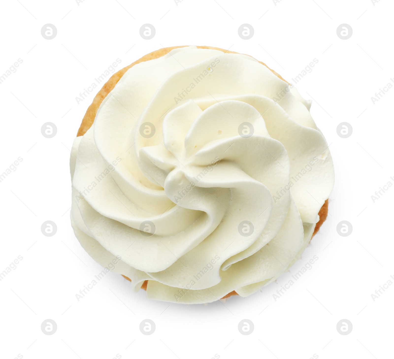 Photo of Tasty vanilla cupcake with cream isolated on white, top view