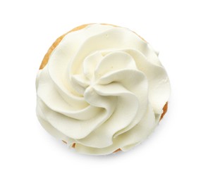 Photo of Tasty vanilla cupcake with cream isolated on white, top view