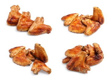 Set with tasty roasted chicken wings on white background